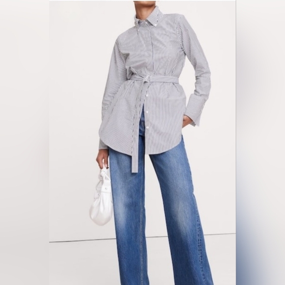 Tops - Banana Republic Cotton Poplin Belted Tunic Shirt Navy Stripe-Medium